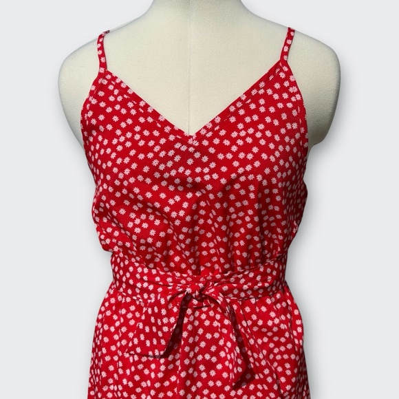 Red White Floral V-Neck Tie Waist Cami Mini Dress Retro Boho Chic Vacation S - Picture 7 of 12